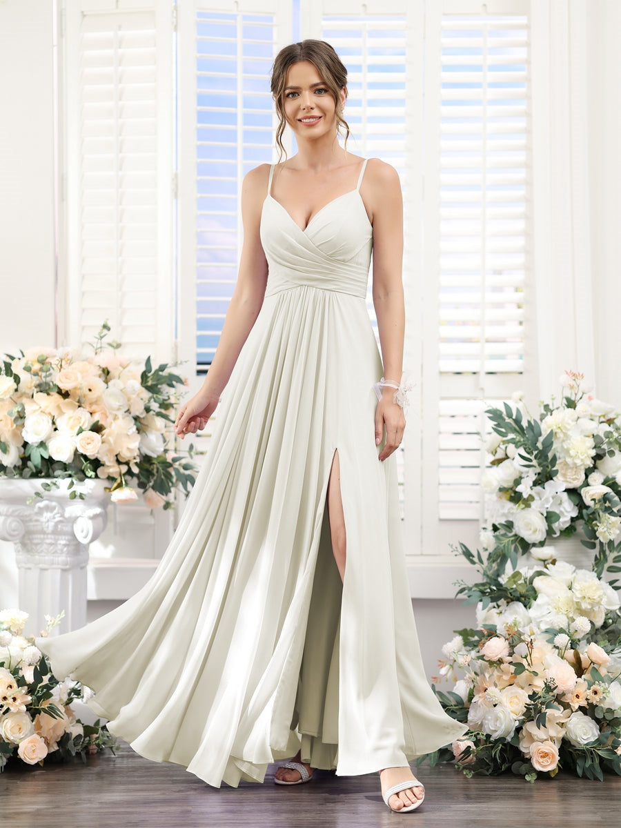 Princess A-Line Floor-Length Chiffon Bridesmaid Dress with V-Neck and Spaghetti Straps