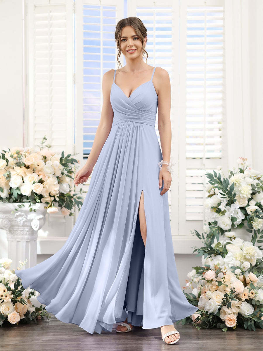 Princess A-Line Floor-Length Chiffon Bridesmaid Dress with V-Neck and Spaghetti Straps