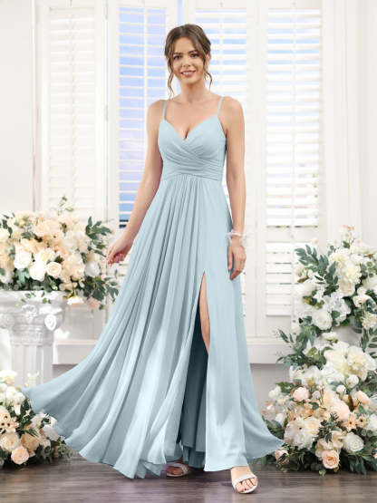 Princess A-Line Floor-Length Chiffon Bridesmaid Dress with V-Neck and Spaghetti Straps