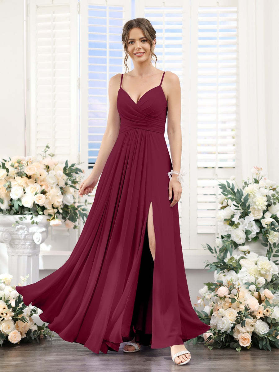 Princess A-Line Floor-Length Chiffon Bridesmaid Dress with V-Neck and Spaghetti Straps