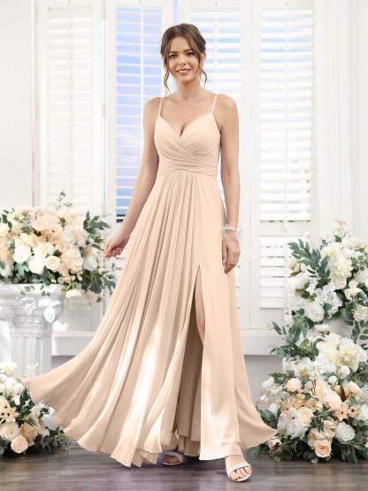 Princess A-Line Floor-Length Chiffon Bridesmaid Dress with V-Neck and Spaghetti Straps