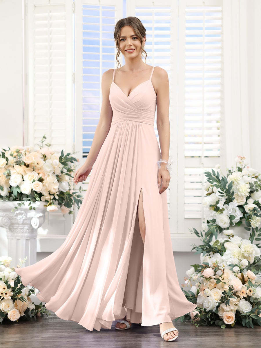 Princess A-Line Floor-Length Chiffon Bridesmaid Dress with V-Neck and Spaghetti Straps