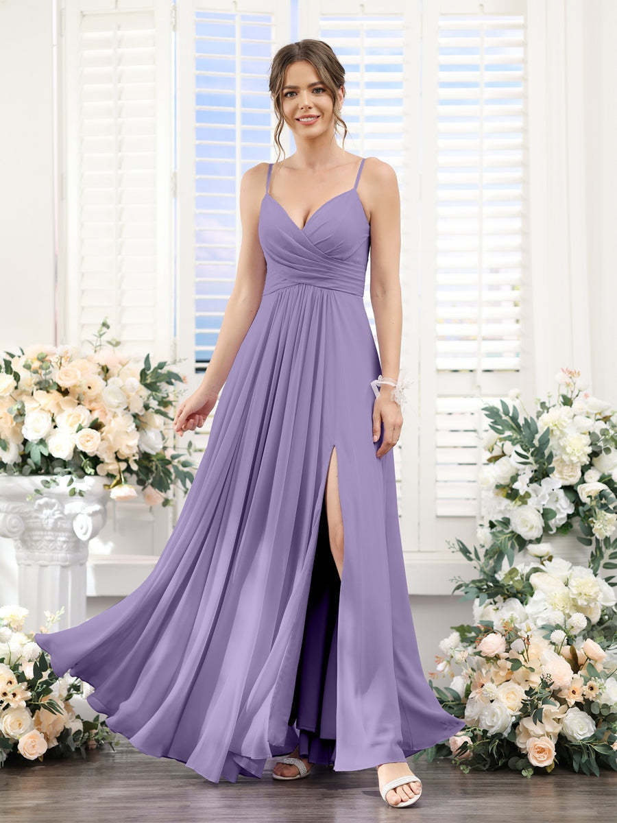 Princess A-Line Floor-Length Chiffon Bridesmaid Dress with V-Neck and Spaghetti Straps