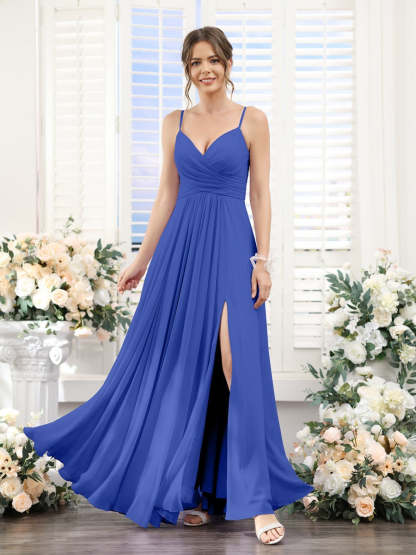 Princess A-Line Floor-Length Chiffon Bridesmaid Dress with V-Neck and Spaghetti Straps