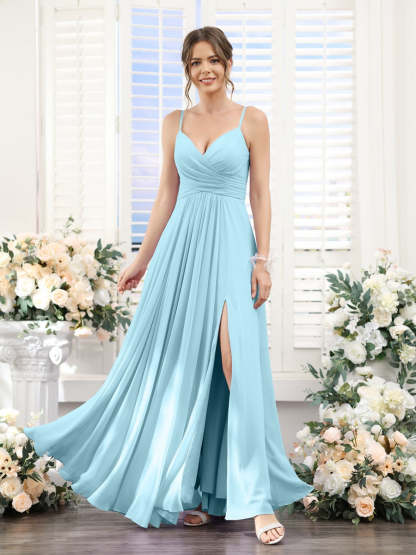 Princess A-Line Floor-Length Chiffon Bridesmaid Dress with V-Neck and Spaghetti Straps