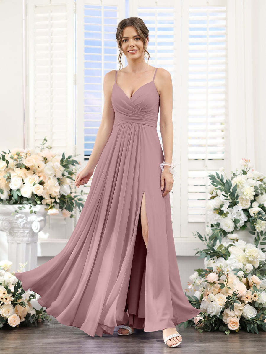 Princess A-Line Floor-Length Chiffon Bridesmaid Dress with V-Neck and Spaghetti Straps