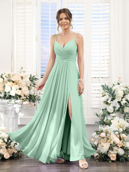 Princess A-Line Floor-Length Chiffon Bridesmaid Dress with V-Neck and Spaghetti Straps