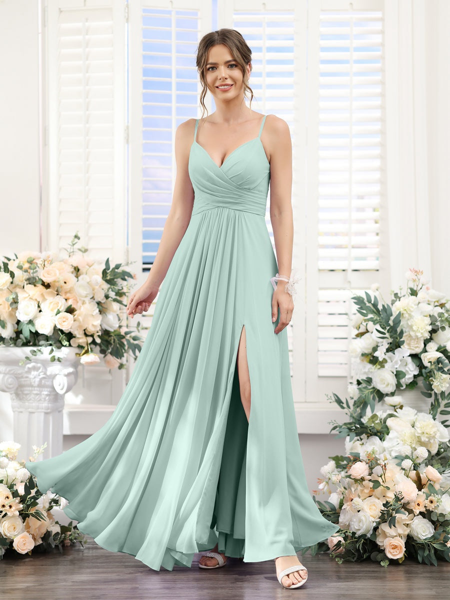 Princess A-Line Floor-Length Chiffon Bridesmaid Dress with V-Neck and Spaghetti Straps