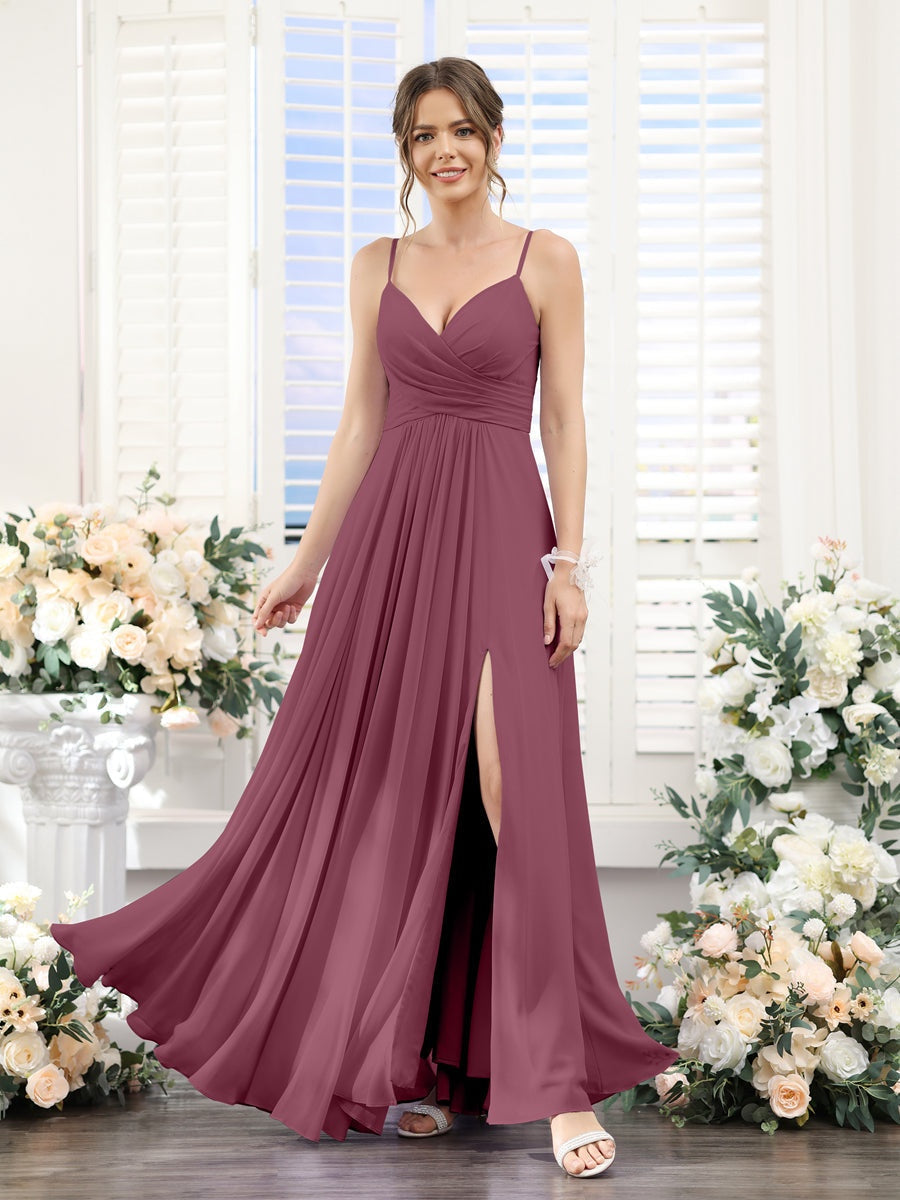 Princess A-Line Floor-Length Chiffon Bridesmaid Dress with V-Neck and Spaghetti Straps