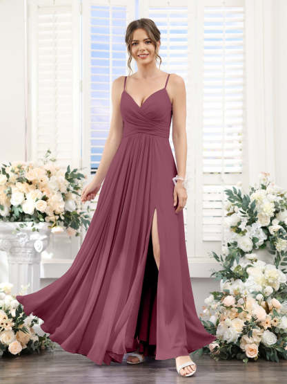 Princess A-Line Floor-Length Chiffon Bridesmaid Dress with V-Neck and Spaghetti Straps