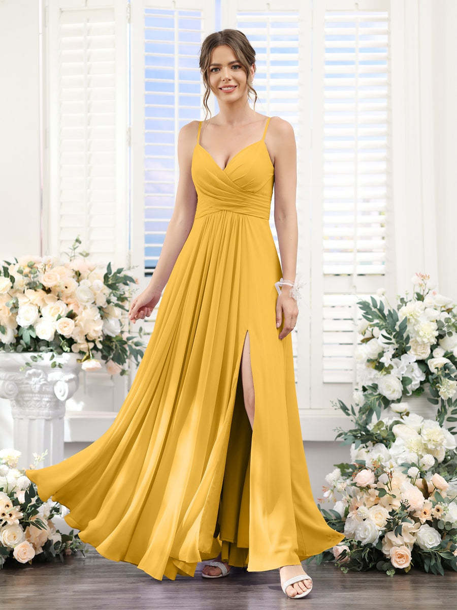 Princess A-Line Floor-Length Chiffon Bridesmaid Dress with V-Neck and Spaghetti Straps