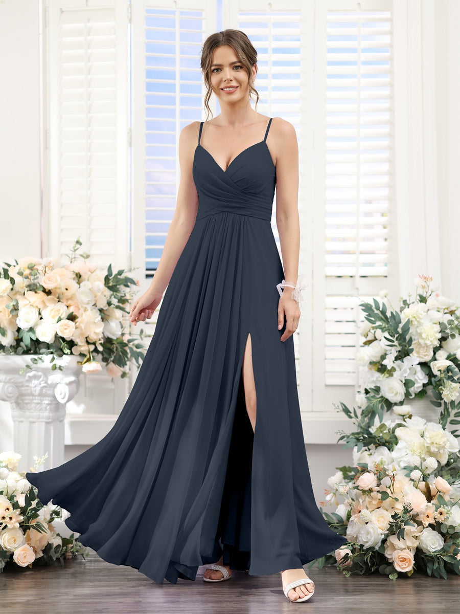 Princess A-Line Floor-Length Chiffon Bridesmaid Dress with V-Neck and Spaghetti Straps