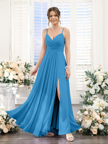 Princess A-Line Floor-Length Chiffon Bridesmaid Dress with V-Neck and Spaghetti Straps