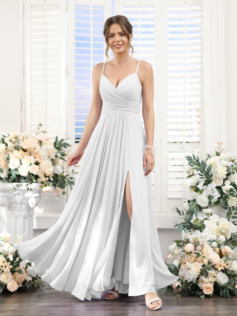 Princess A-Line Floor-Length Chiffon Bridesmaid Dress with V-Neck and Spaghetti Straps