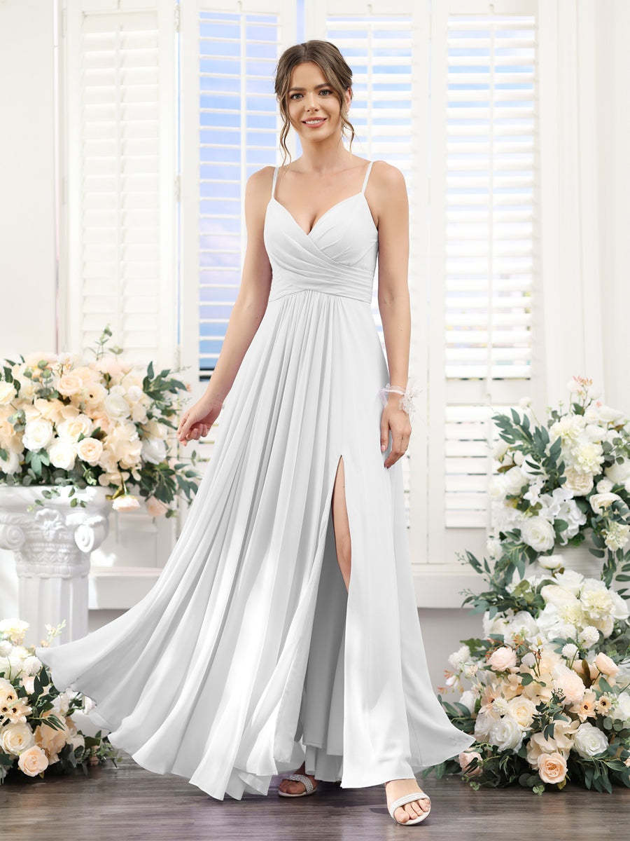 Princess A-Line Floor-Length Chiffon Bridesmaid Dress with V-Neck and Spaghetti Straps