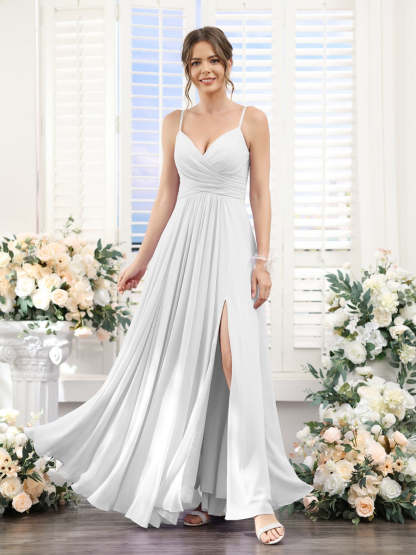 Princess A-Line Floor-Length Chiffon Bridesmaid Dress with V-Neck and Spaghetti Straps