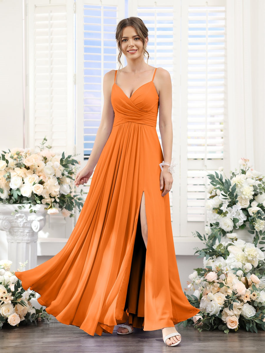 Princess A-Line Floor-Length Chiffon Bridesmaid Dress with V-Neck and Spaghetti Straps