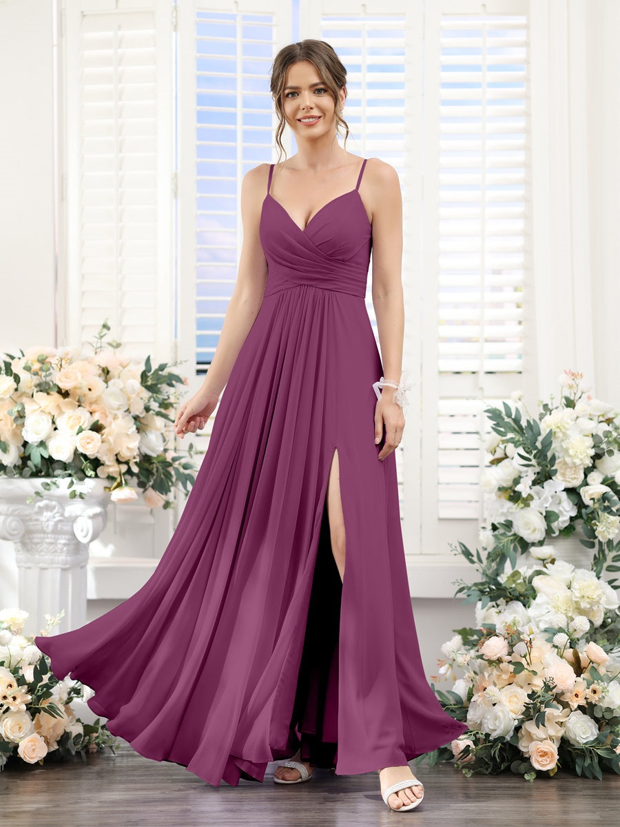 Princess A-Line Floor-Length Chiffon Bridesmaid Dress with V-Neck and Spaghetti Straps