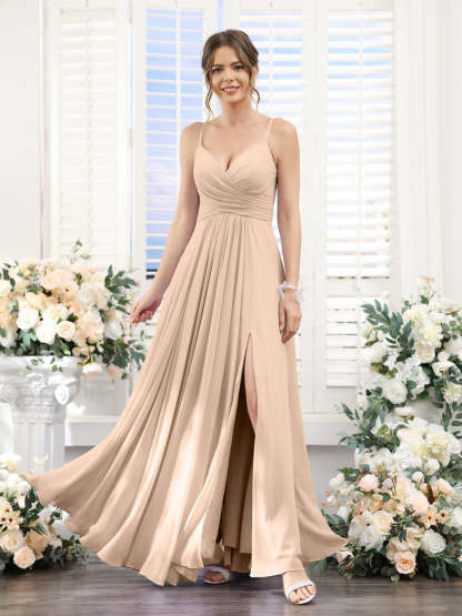 Princess A-Line Floor-Length Chiffon Bridesmaid Dress with V-Neck and Spaghetti Straps