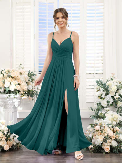 Princess A-Line Floor-Length Chiffon Bridesmaid Dress with V-Neck and Spaghetti Straps