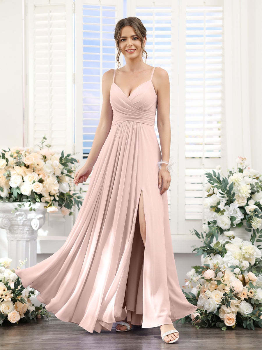 Princess A-Line Floor-Length Chiffon Bridesmaid Dress with V-Neck and Spaghetti Straps