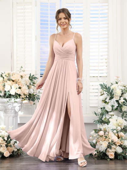 Princess A-Line Floor-Length Chiffon Bridesmaid Dress with V-Neck and Spaghetti Straps