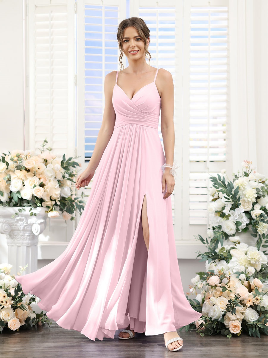 Princess A-Line Floor-Length Chiffon Bridesmaid Dress with V-Neck and Spaghetti Straps