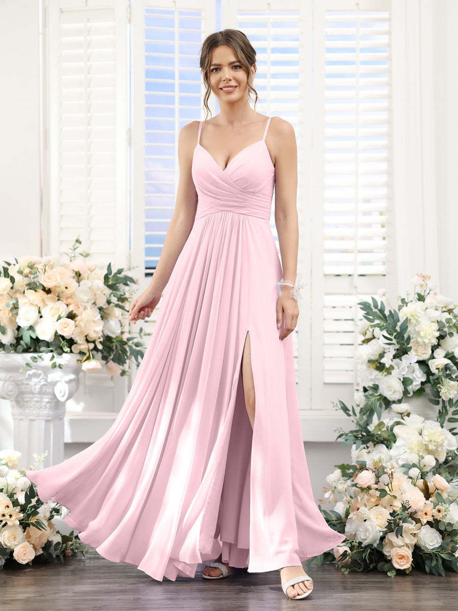 Princess A-Line Floor-Length Chiffon Bridesmaid Dress with V-Neck and Spaghetti Straps