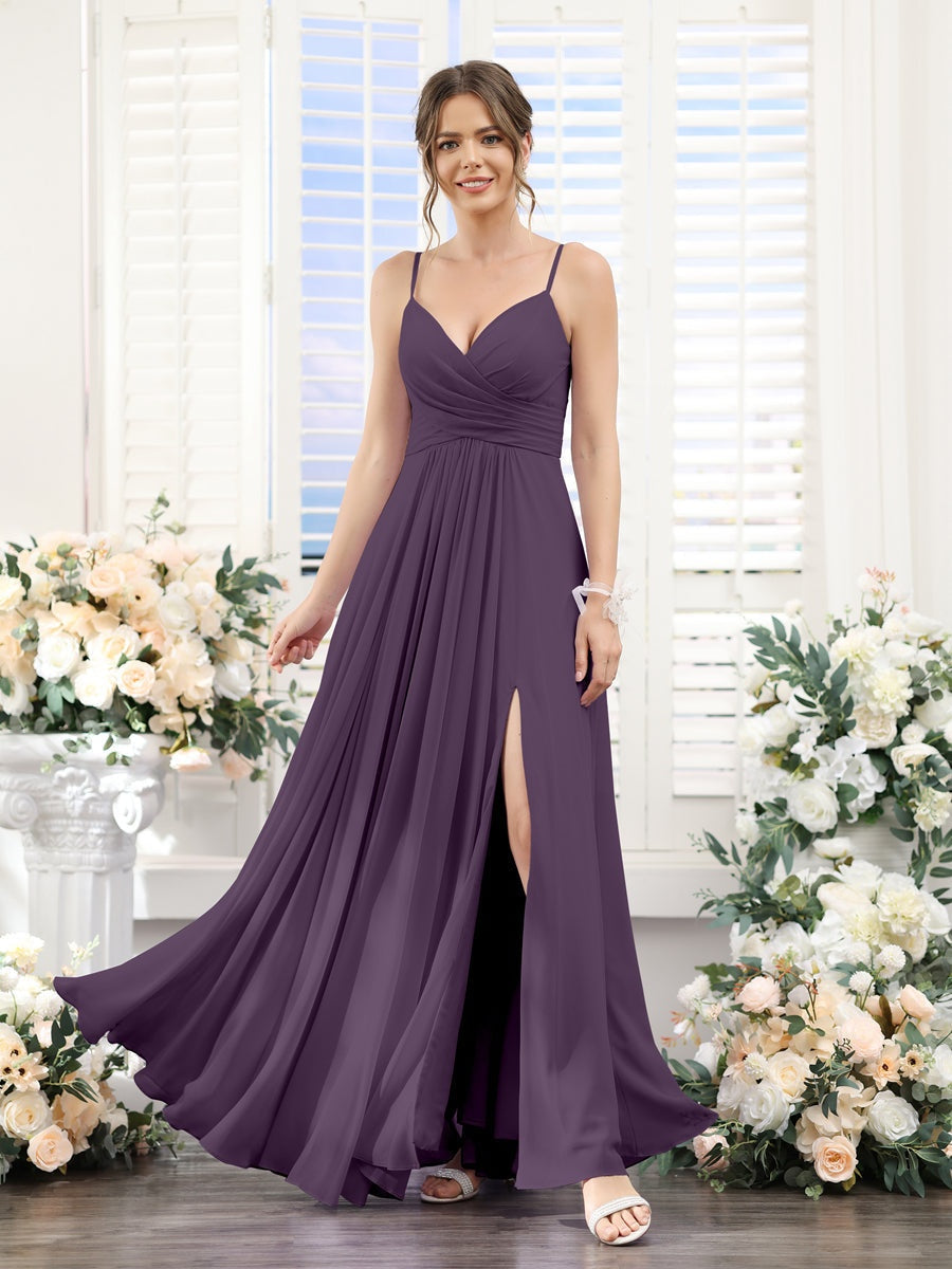 Princess A-Line Floor-Length Chiffon Bridesmaid Dress with V-Neck and Spaghetti Straps