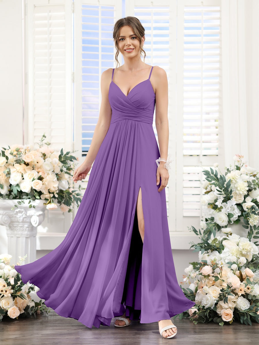 Princess A-Line Floor-Length Chiffon Bridesmaid Dress with V-Neck and Spaghetti Straps