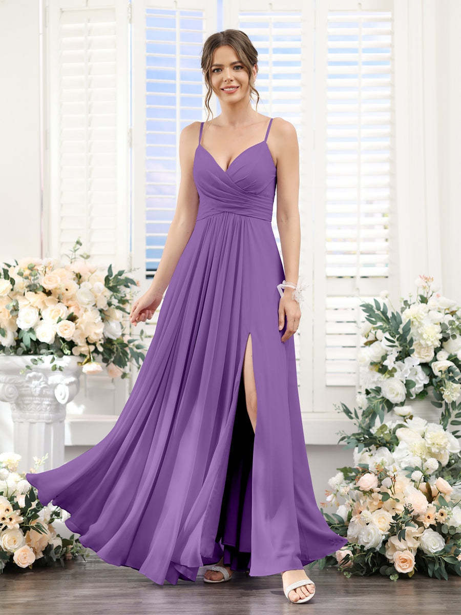 Princess A-Line Floor-Length Chiffon Bridesmaid Dress with V-Neck and Spaghetti Straps