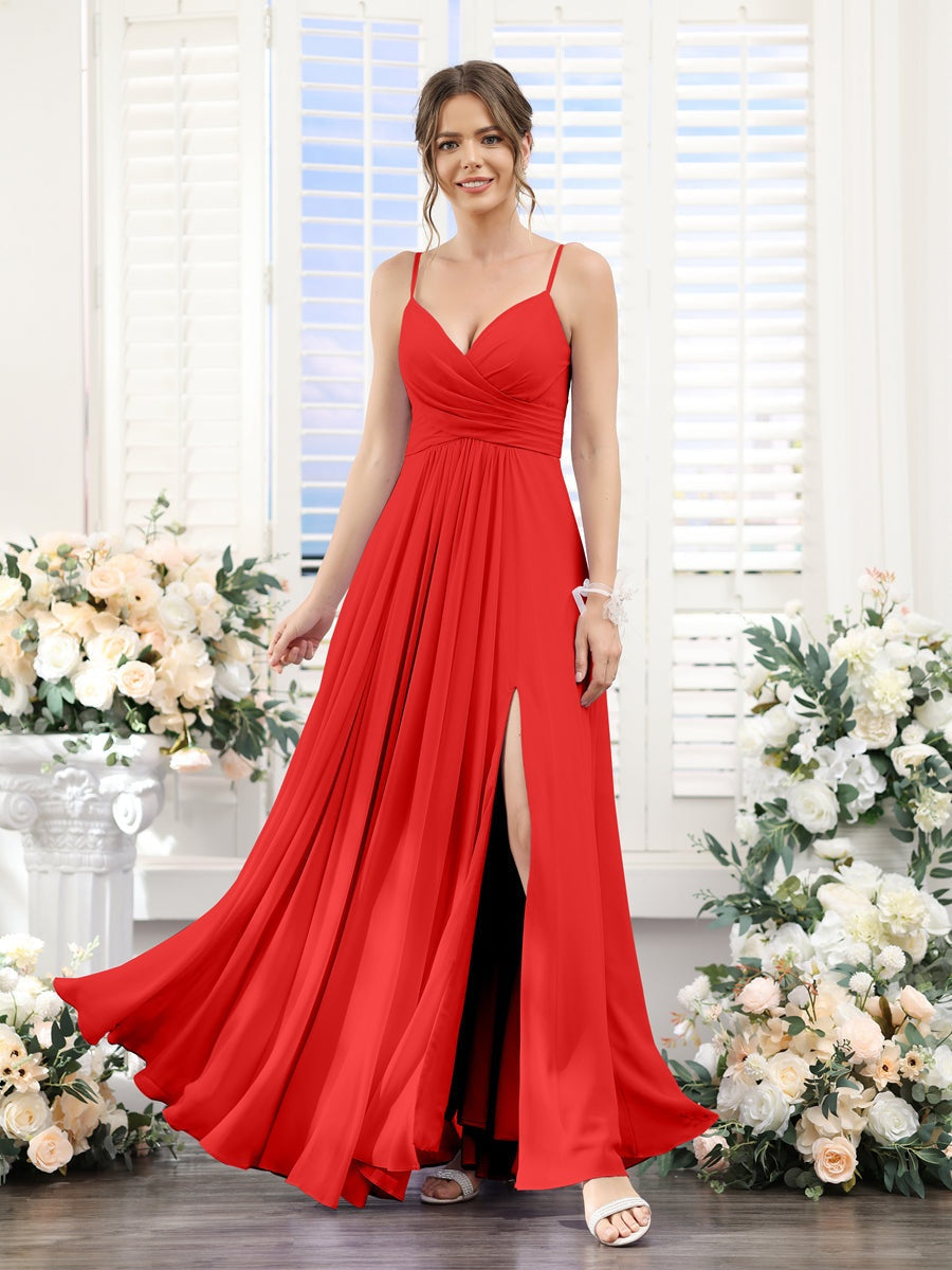 Princess A-Line Floor-Length Chiffon Bridesmaid Dress with V-Neck and Spaghetti Straps