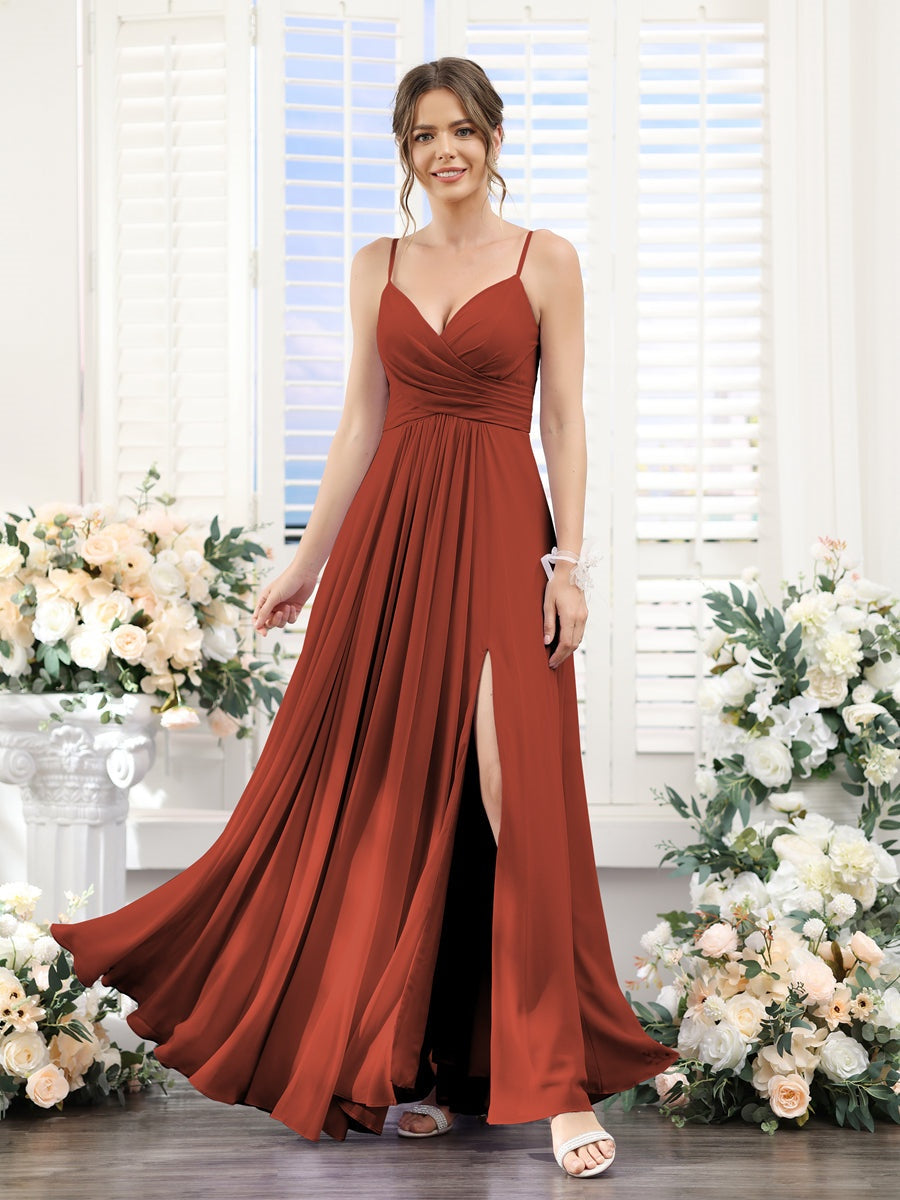 Princess A-Line Floor-Length Chiffon Bridesmaid Dress with V-Neck and Spaghetti Straps