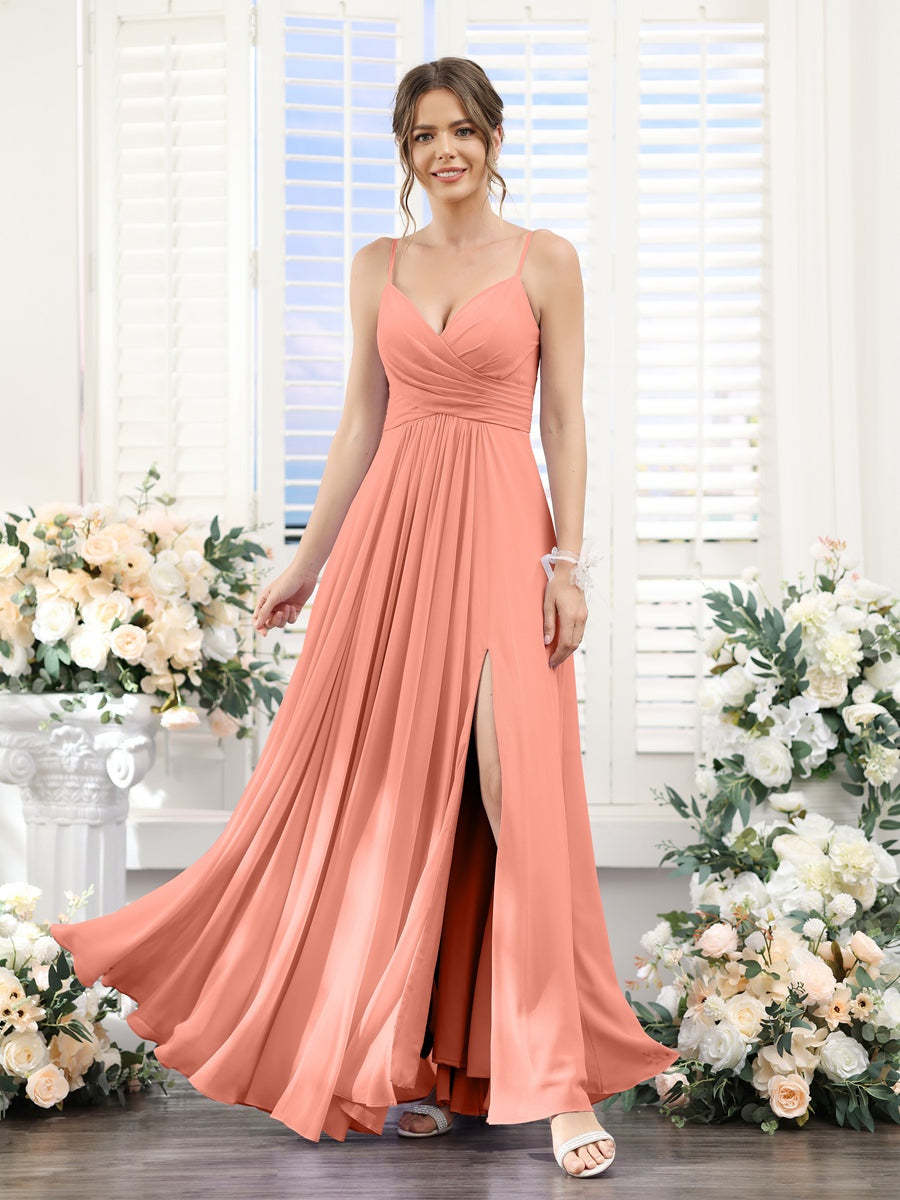 Princess A-Line Floor-Length Chiffon Bridesmaid Dress with V-Neck and Spaghetti Straps