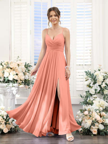 Princess A-Line Floor-Length Chiffon Bridesmaid Dress with V-Neck and Spaghetti Straps