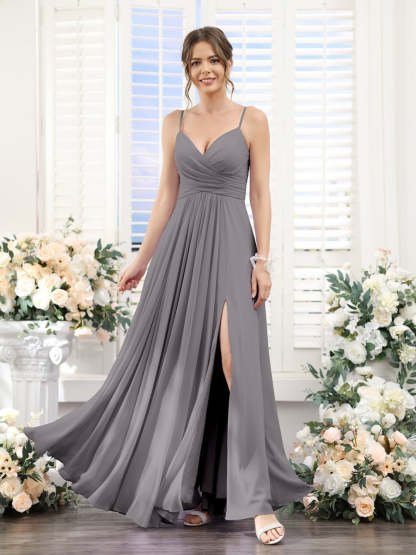 Princess A-Line Floor-Length Chiffon Bridesmaid Dress with V-Neck and Spaghetti Straps
