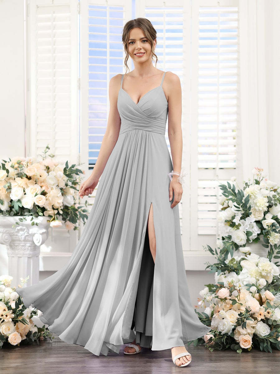 Princess A-Line Floor-Length Chiffon Bridesmaid Dress with V-Neck and Spaghetti Straps