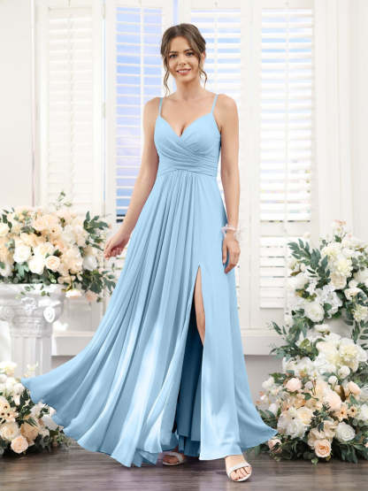 Princess A-Line Floor-Length Chiffon Bridesmaid Dress with V-Neck and Spaghetti Straps