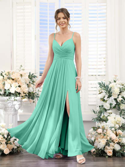 Princess A-Line Floor-Length Chiffon Bridesmaid Dress with V-Neck and Spaghetti Straps