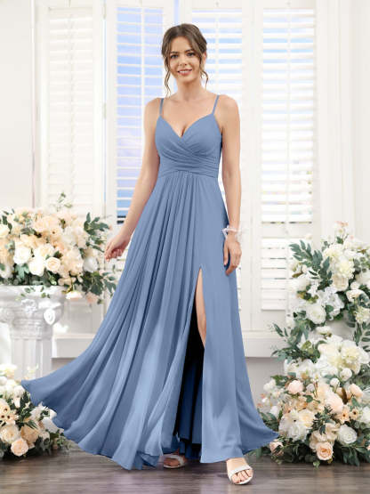 Princess A-Line Floor-Length Chiffon Bridesmaid Dress with V-Neck and Spaghetti Straps