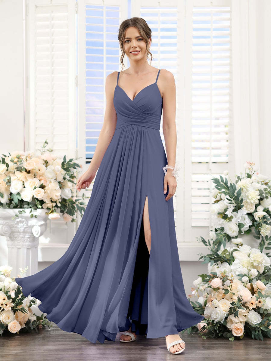 Princess A-Line Floor-Length Chiffon Bridesmaid Dress with V-Neck and Spaghetti Straps