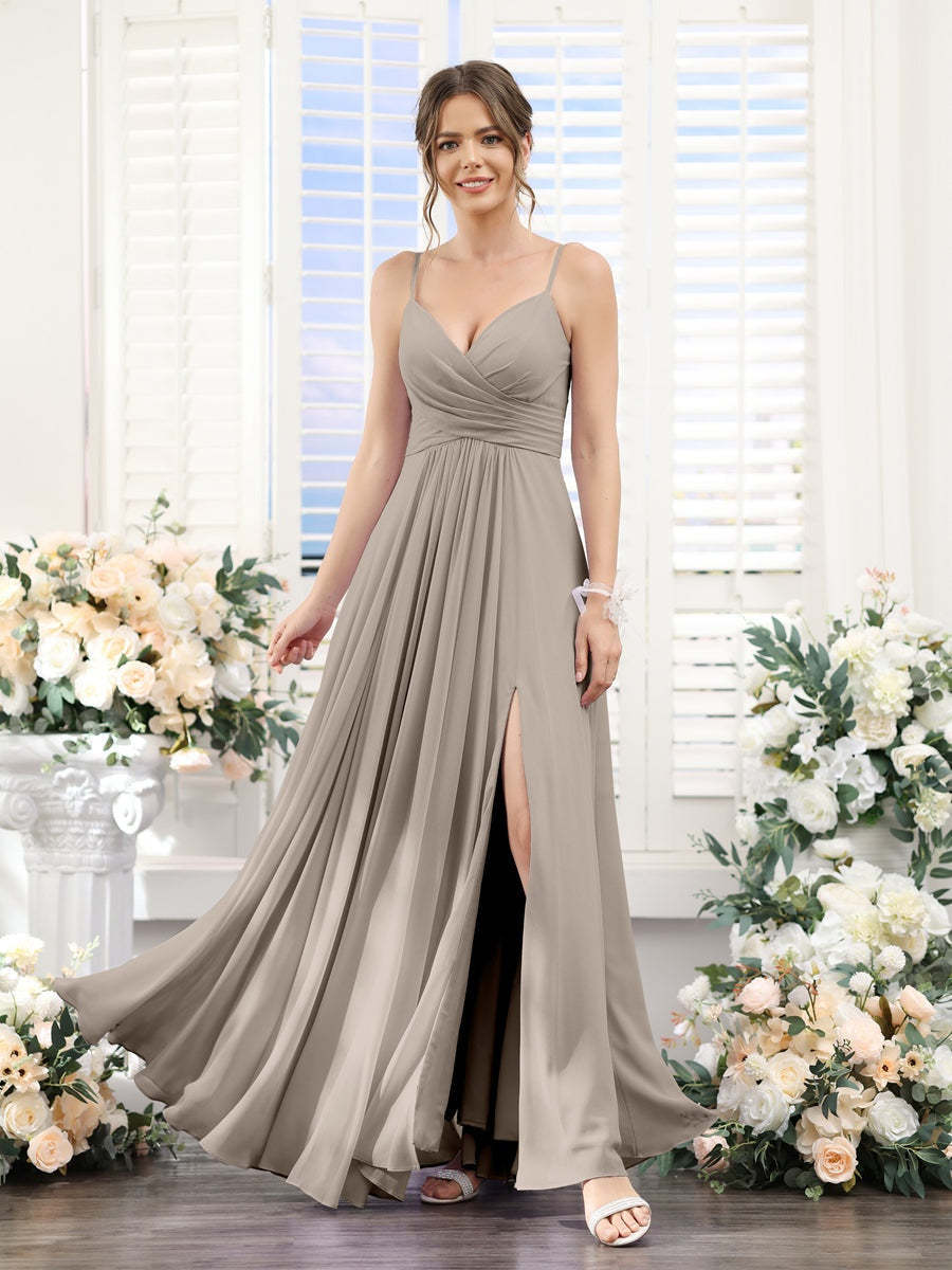 Princess A-Line Floor-Length Chiffon Bridesmaid Dress with V-Neck and Spaghetti Straps