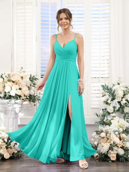 Princess A-Line Floor-Length Chiffon Bridesmaid Dress with V-Neck and Spaghetti Straps