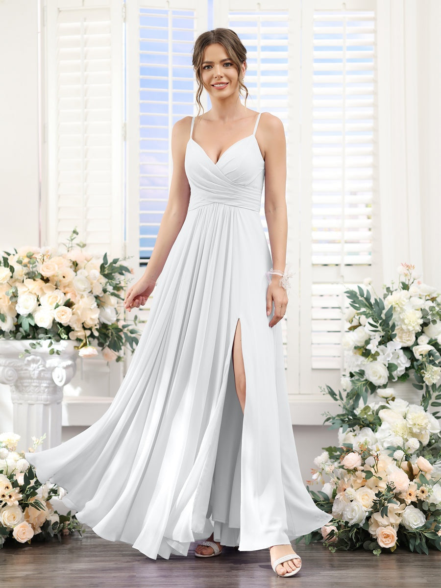 Princess A-Line Floor-Length Chiffon Bridesmaid Dress with V-Neck and Spaghetti Straps