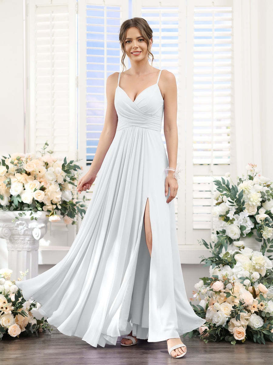 Princess A-Line Floor-Length Chiffon Bridesmaid Dress with V-Neck and Spaghetti Straps