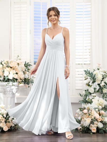 Princess A-Line Floor-Length Chiffon Bridesmaid Dress with V-Neck and Spaghetti Straps