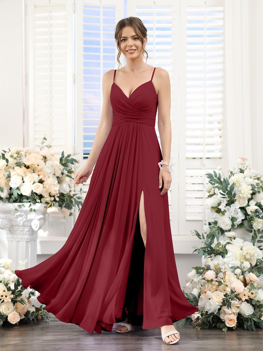 Princess A-Line Floor-Length Chiffon Bridesmaid Dress with V-Neck and Spaghetti Straps