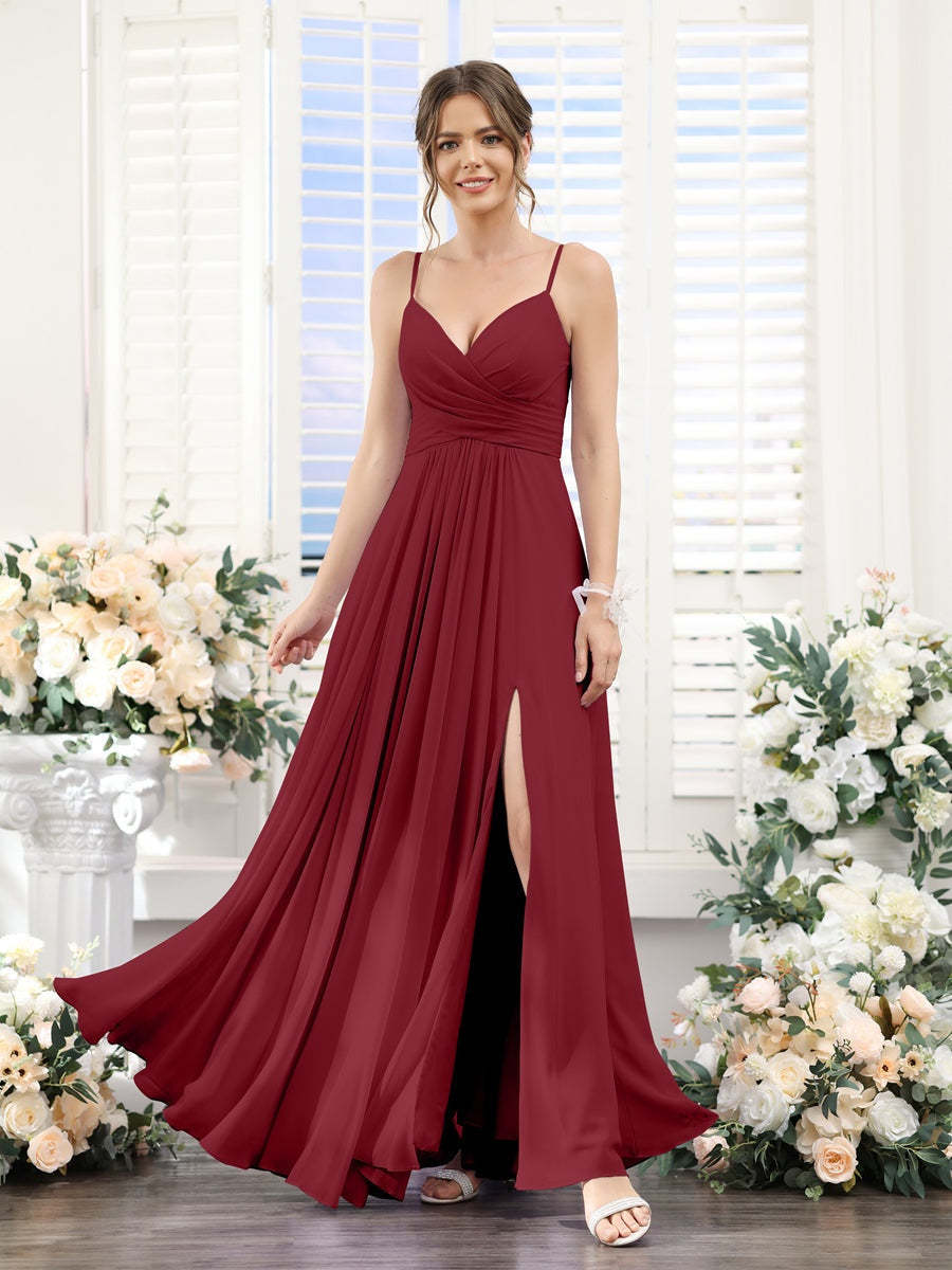 Princess A-Line Floor-Length Chiffon Bridesmaid Dress with V-Neck and Spaghetti Straps