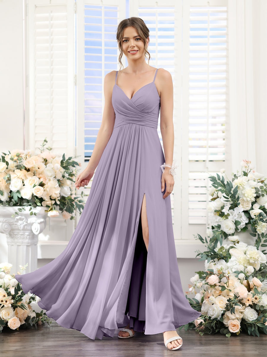 Princess A-Line Floor-Length Chiffon Bridesmaid Dress with V-Neck and Spaghetti Straps