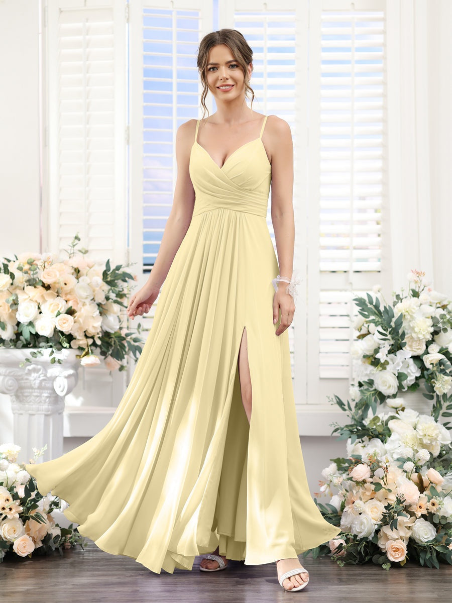 Princess A-Line Floor-Length Chiffon Bridesmaid Dress with V-Neck and Spaghetti Straps